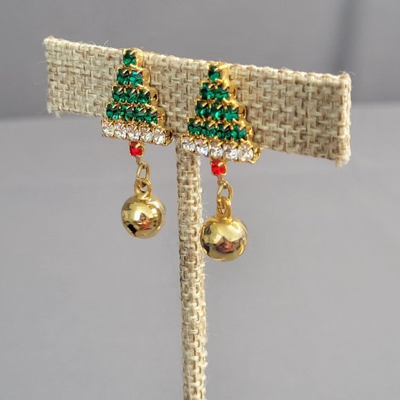 Womens Clip On Earrings Crystal Christmas Trees Gold Tone Accents Green Red 1 in - Picture 2 of 6